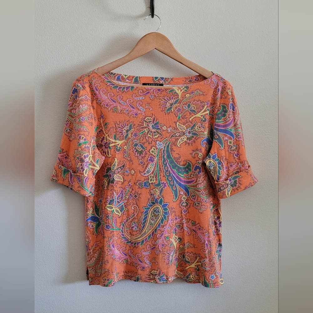 Ralph Lauren Paisley Boatneck Top with Cuffed Sleeve, Women's XL, Orange & Blue